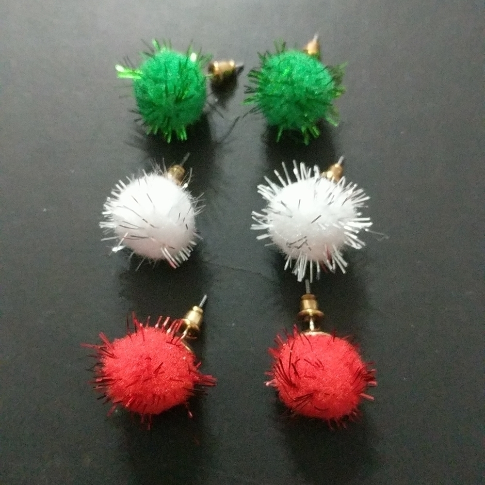 Red Green and White Tinsel Puff Balls Christmas Holiday Earring - Set of 3